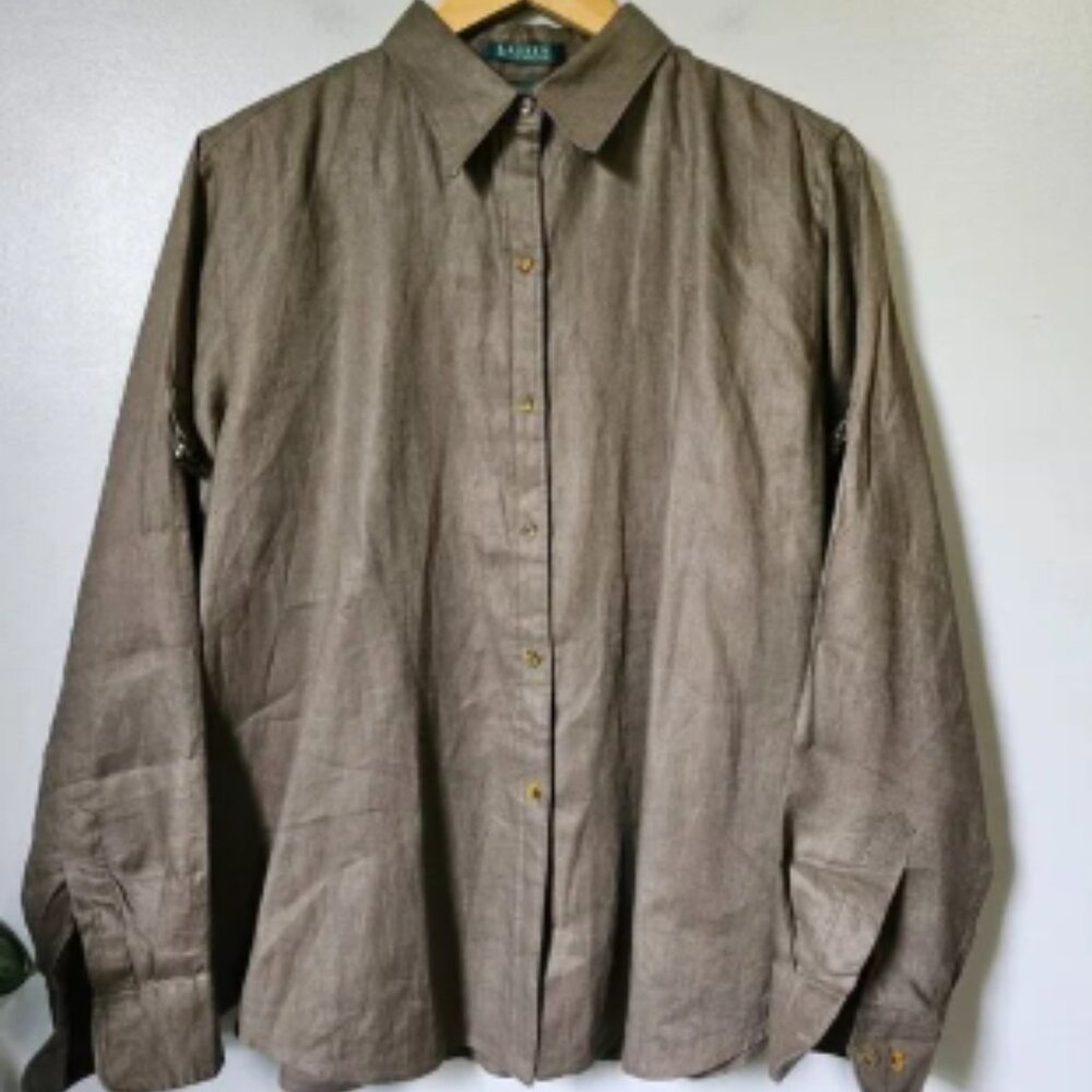 EUC LAUREN RALPH LAUREN 100% LINEN MOCHA LONGSLEEVES BUTTON DOWN SHIRT SZ L WMNS